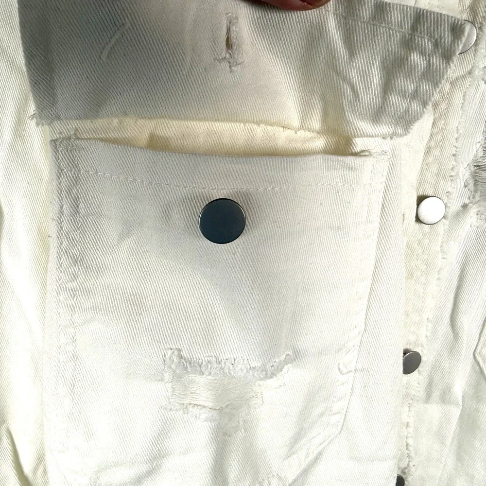 Y2K Distressed White Denim Jacket Long Sleeve Button Casual Womens‎ 3XL NEW